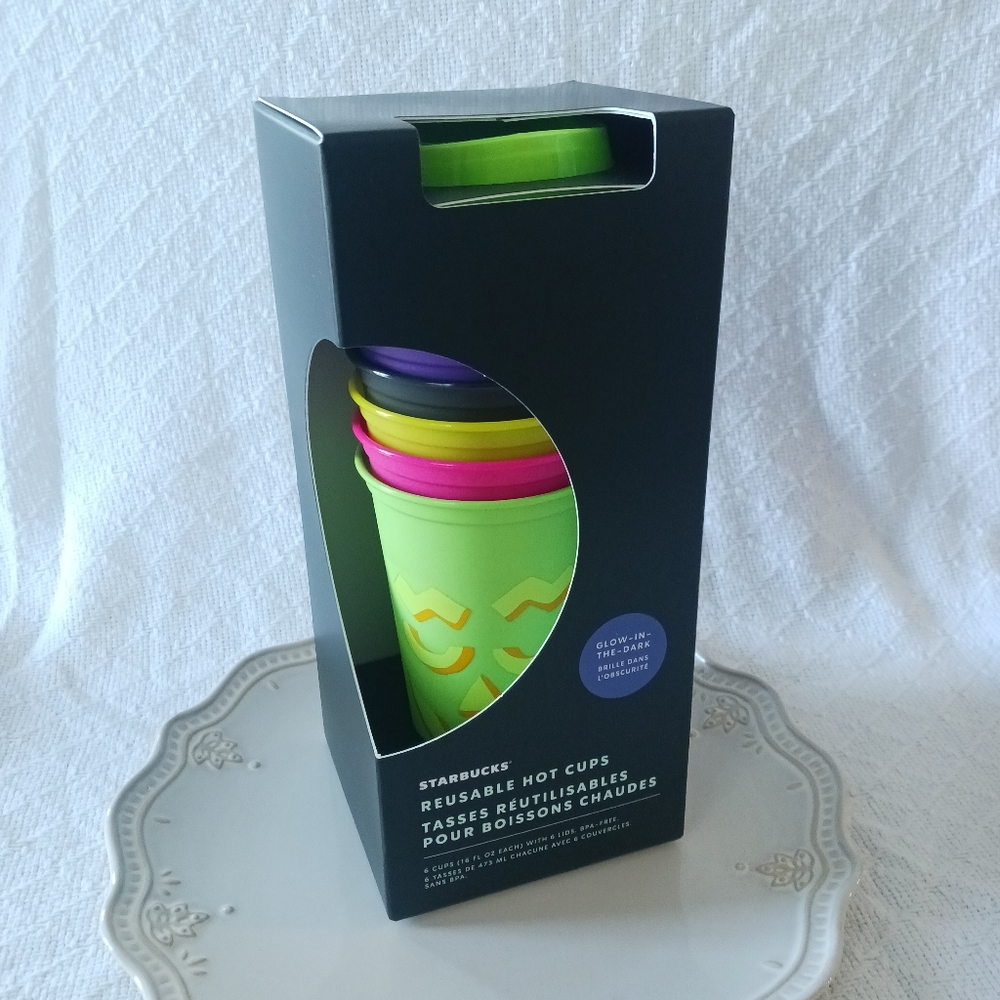 Starbucks Reusable Hot Cups Glow In The Dark GITD Set Of 6 Halloween 2024 16 Oz